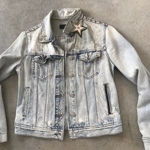 Custom embellished light wash denim jacket